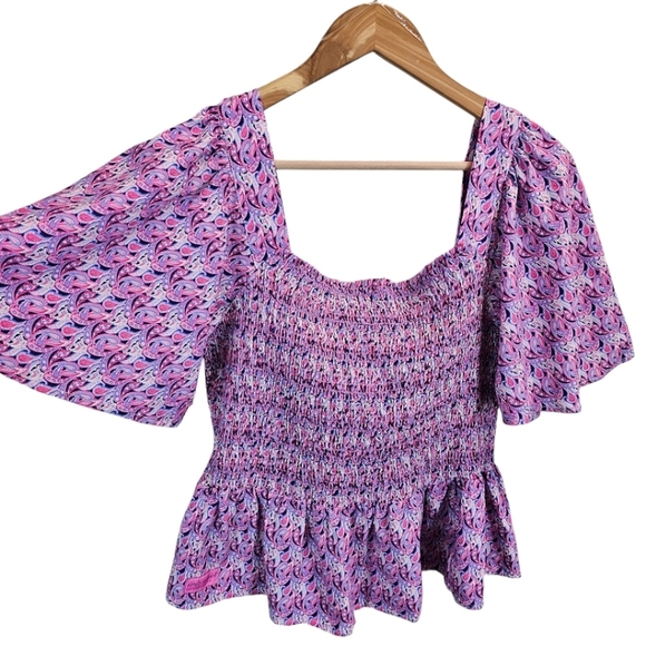 NWT Simply Southern Pink Paisley Smocked Top With Ruffle Hem Size Large Coastal - Picture 7 of 13